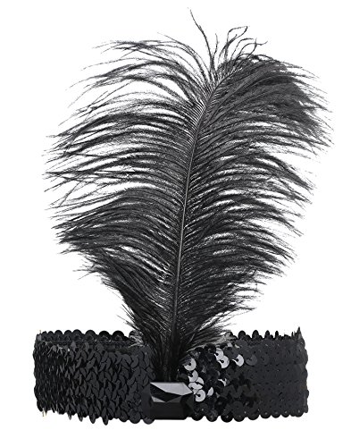 BABEYOND 1920s Flapper Headband Roaring 20s Sequined Showgirl Headpiece Great Gatsby Headband with Feather Black (Black-2)