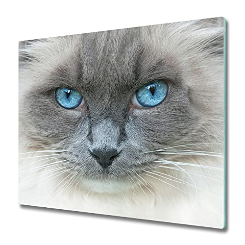 Tulup Planche À Découper 60x52cm Protection Plaque Couvercle Cuisinière à Induction Cuisine Verre Trempé Panneau de Protection - yeux bleus de chat Cover