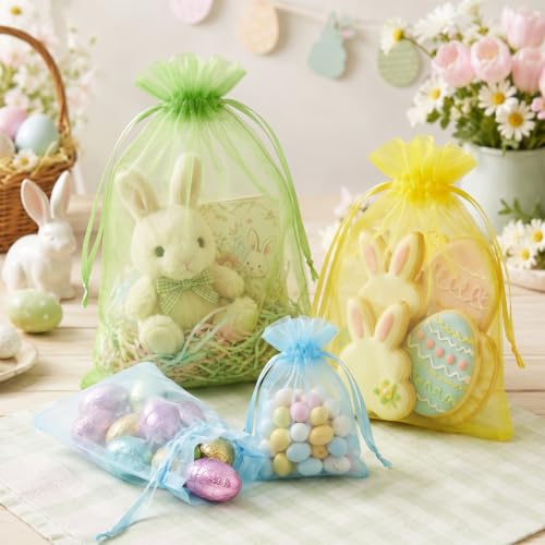 Image of FUNFERY 100PCS Baby Blue Organza Gift Bags 5x7in,Drawstring Jewelry Pouch