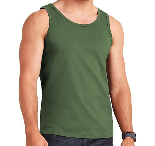 CHAAL® 1 Men's Cotton Vests Tank Tops Sleeveless Plain Undershirts Breathable Slim Fit Summer Tops Vests Athletic wear Easy Fit Comfortable Men Workout Shirts (Olive) M