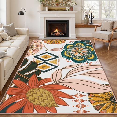 Boho Floral Living Room Rug, 5x7 Rug Machine Washable Botanical Area Rugs Ultra-Thin Non Slip Low Pile Carpet for Bedroom, Dining Room, Office, Kids Room, Blush Pink Blush Pearl 5' x 7' (Rec