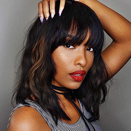 Highlight Loose Wave Brazilian Virgin Human Hair Wigs Shoulder Black Mix Brown Color None lace Wigs with Bangs , Unproce