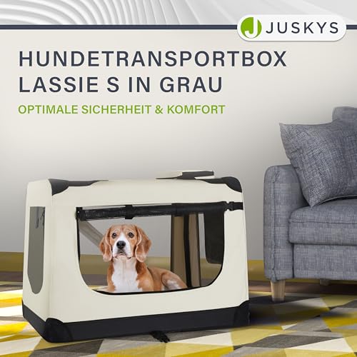 Juskys Hundetransportbox Lassie M faltbar & tragbar 42x60x44 cm mit Decke, Tasche & Griffen - Faltbare Transportbox für Hunde, Katzen & Haustiere - Oxford Stoff Hundebox Auto Hundetasche - Beige
