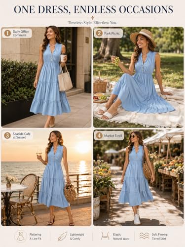 Image of BROVAVE Womens 2026 Summer Sleeveless Shirt Dress Collar Striped V Neck Casual Midi Dresses