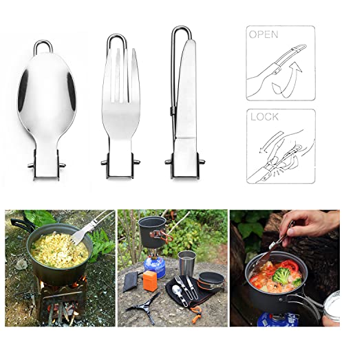 Image of Odoland Camping Cookware Stove Carabiner Canister Stand Tripod and Stainless Steel Cup, Tank Bracket, Fork Spoon Kit for Backpacking, Outdoor Camping Hiking and Picnic