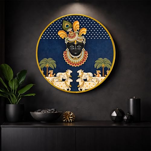 Image of Krishna Pichwai Round Framed Wall Art Painting For Living Room | Religious Shrinathji Spiritual Vastu Wall Art Painting With Frame For Home, Bedroom, Temple & Office, 16 Inch