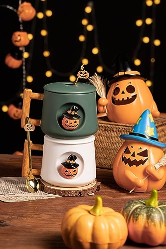Image of DIHOclub Adorable 3D Ceramic Pumpkin Head Mug with Lid and Spoon - Perfect for Coffee, Tea, Milk, and More - Ideal Gift for Halloween - 14 Ounces (HalloweenG)