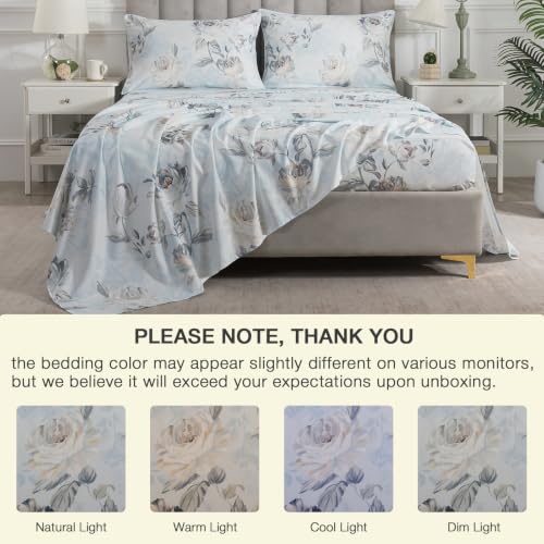 Image of Dusty Blue Vintage Floral Percale Bed Sheets Full Size Deep Pocket | 100% Cotton Shabby Flower Chic Sheet Set, Peony Printed Farmhouse Sheets, Luxury Toile Bedding, Cottagecore, Soft Crisp, 4Pcs