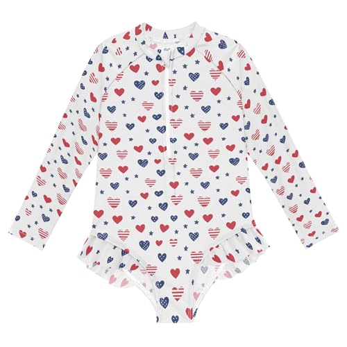 July 4th Independence Day Heart Girls Long Sleeve Rashguard Swimsuit UV Protection One-Piece Swimwear B0404590