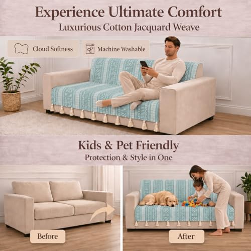 Image of STITCHNEST 'Verdant Bohemian Stories' 1 Seater Sofa Cover - Full Coverage| Elegant Jacquard Fabric, Decorative Tassels, Washable & Durable for Modern Living
