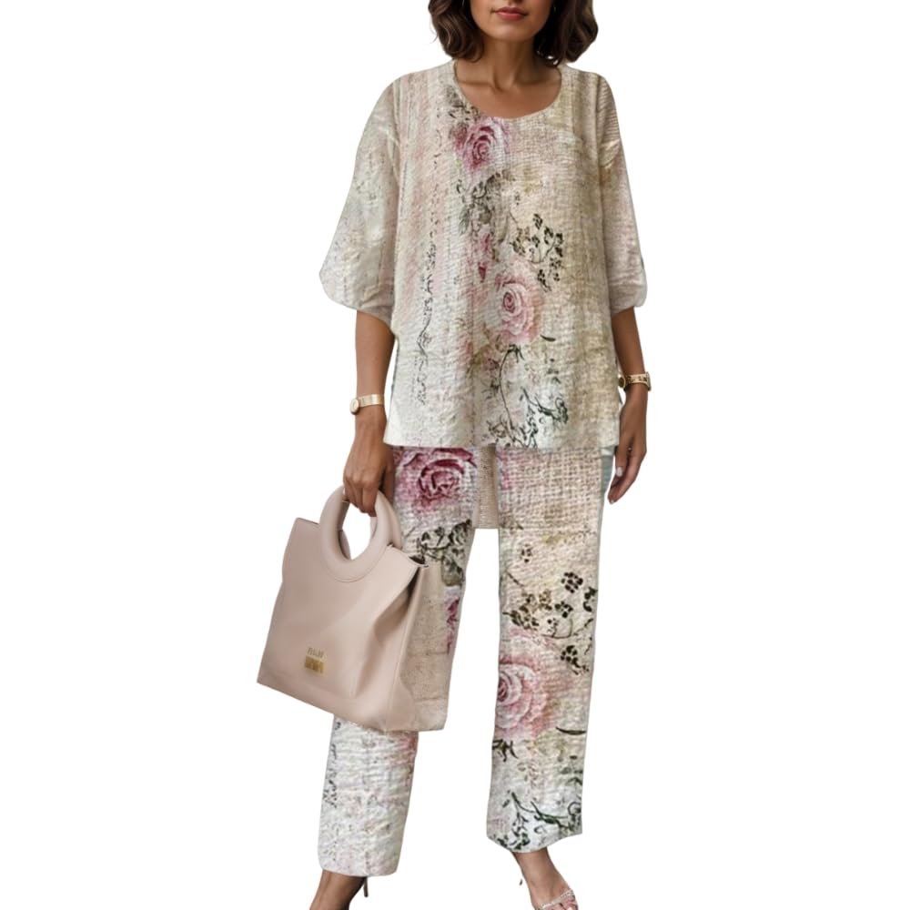 Nupucy Women 2 Piece Outfits Sets Dressy Casual Floral Printed 3/4 Sleeve Crew Neck Double Layer Top Wide Leg Pants Sets
