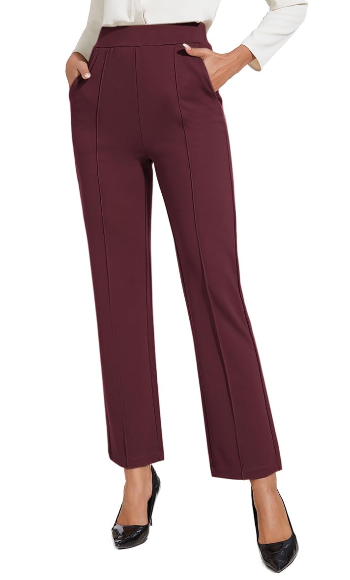 Womens Classic Stretchy Pull On High Rise Pants Straight Leg Slacks