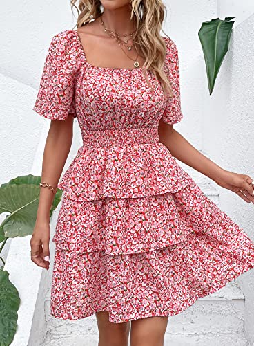 Image of PRETTYGARDEN Women's Summer Floral Ruffle Short Dress | Short Sleeve Square Neck, Flowy Tiered Hem, Fit and Flare, Flower Boho Dresses, Cute Beach Vacation Outfits, Fashion Clothing