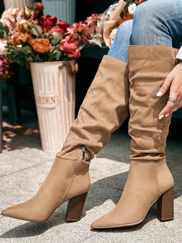 PiePieBuy Womens Faux Suede Knee High Boots Pointed Toe High Chunky Heel Side Zipper Party Dress Booties2