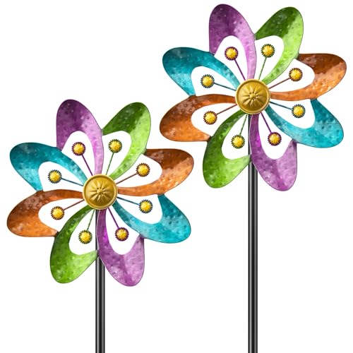 SHUONIVS Metall-Windspiel für den Außenbereich, 360° Windskulptur, Spinner mit Metallpfahl, wasserdichte Spinner, grün, kinetisches Windspiel für Hof, Rasen, Dekor (A- Bunt, 2 Stück)
