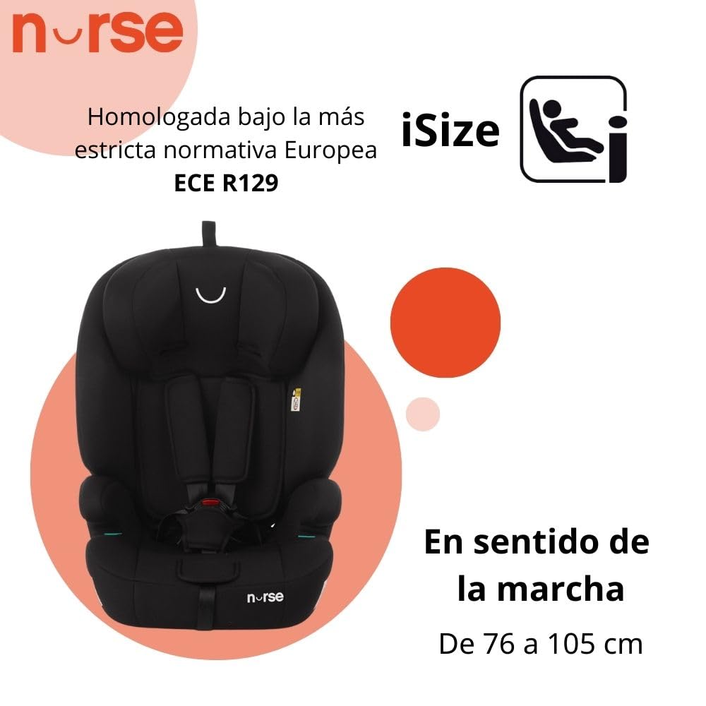 Nurse Uchwyt, fotel samochodowy iSize, 76 do 150 cm, 2-12 lat, instalacja paska, 9 pozycji, fotel samochodowy bez Isofix, czarny