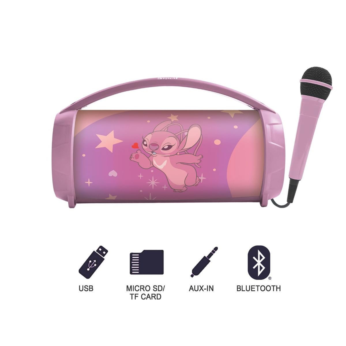 Lexibook, Disney Stitch, Altoparlante Wireless Luminoso Angel con Microfono, Suono Stereo, Karaoke, Porte USB e per schede SD, Batteria Ricaricabile, Maniglia per Il Trasporto, Rosa, BTP585D1ZLXB