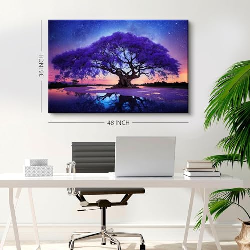 Image of Purple Tree Landscape Wall Art Blue Starry Night Picture Artwork for Living Room Wall Decor Abstract Nature Scenery Canvas Print Painting for Modern Bedroom Bathroom Home Office Decoration 32x48 inch