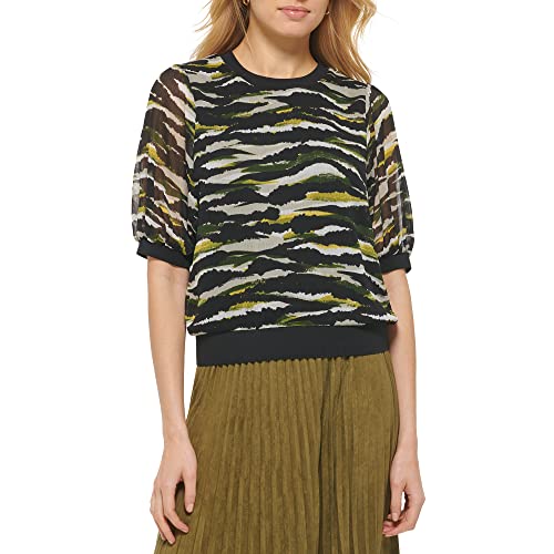 Dkny Women's Chiffon Short Sleeve Printed Top, Black Cadet Green Multi, Medium #TOP16
