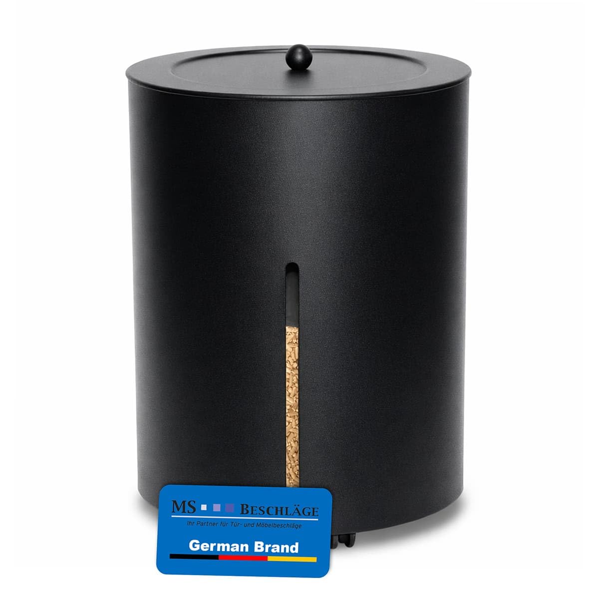 MS Beschläge Contenitore per pellet con rotelle, rotondo, ø 38 cm, nero, rivestito in metallo, altezza 50 cm