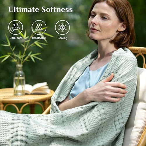 Image of BEDELITE Cooling Waffle Blanket Queen Size - Lightweight Breathable Cotton Summer Blanket of Rayon Derived from Bamboo for Hot Sleepers, Soft Throws for Bed, Couch and Sofa, Sage Green, 90x90 Inches