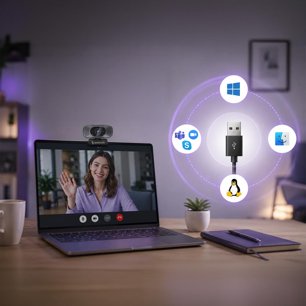 Spacetronik 4K Webcam USB, PC Kamera UHD mit Mikrofon | 4K für Home Office und Streaming, F1.8 für schwaches Licht, Rauschunterdrückung, integrierter Sichtschutz, Plug and Play