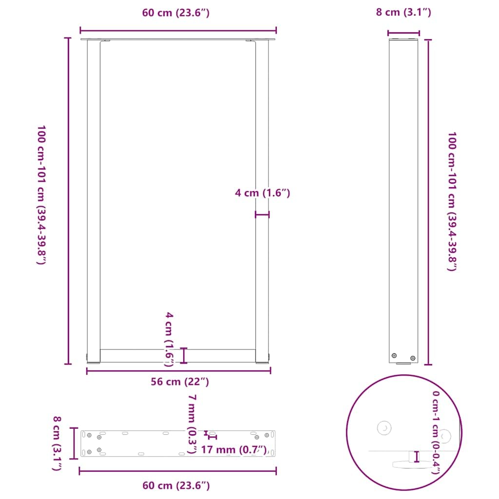 vidaXL Patas para Mesa de Bar en Forma de U (2 Unidades), Color Negro, 60 x 100-101 cm, Acero