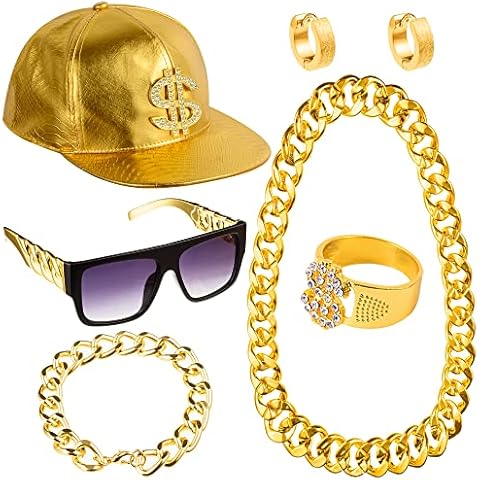 80s 90s Costumes Outfit for Men Women, Hip Hop Costume Kit Metal Chain Flat Top Sunglasses Rapper Big Chain Necklace and Bracelet Baseball Gold Cap Cover