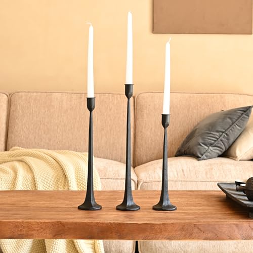Set of 3 Candle Stick Holders Iron Black Candlestick Holders Fits 3/4 inch Thick Candles Tapered Candle Holders Tall Set for Dining Table Wedding Home Decoration