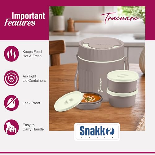 Image of Trueware SNAKK 2 Insulated Hot Lunch Box with 3 PP Container, 2 Container 300 ML Each & 1 Container 200 ML, Food Grade, BPA Free | Office Lunch Box | Tiffin Box