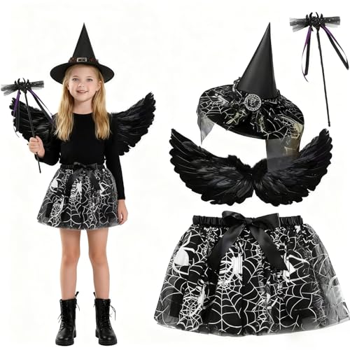 WZBBJuser Halloween Costume Children, Witch Costume Children, Includes Feather Wings, Witch Hat, Wands, Tulle Skirt, Halloween Costume Children Witch Girls for Carnival Halloween Cosplay (Orange