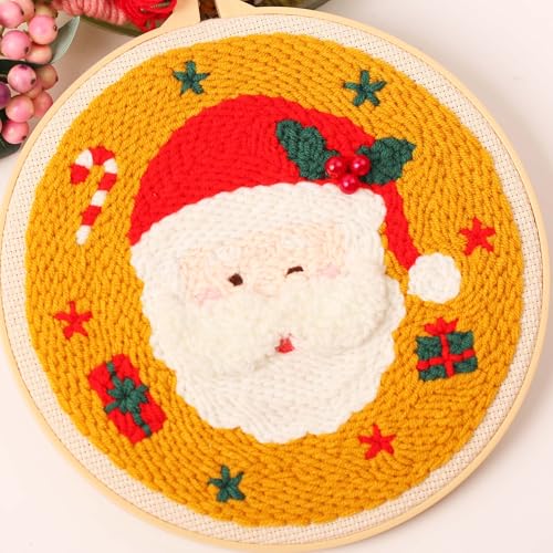 Image of Harimau 3pcs Beginner Embroidery Kit,Christmas Pattern,Punch Needle Kits, Including Stamped Embroidery Cloth with 3 Embroidery Hoops, Multicolor Color Threads for Embroidery Kit
