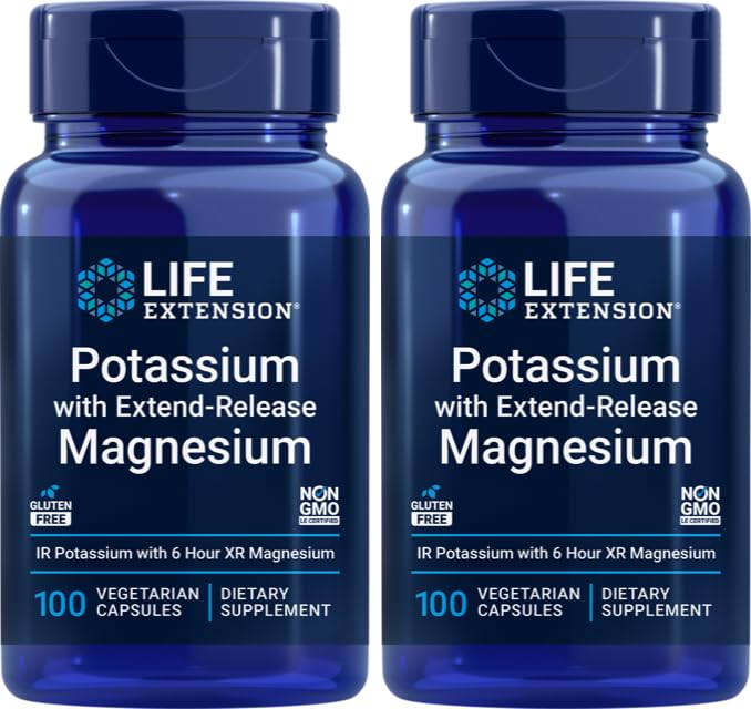 Life Extension 99mg Potassium with Extend-Release Magnesium 250mg 100 Veg Caps (Pack of 2) - Gluten-Free Non-GMO Vegetarian Supplement for Men and Women - Dual-Action Mineral Formula