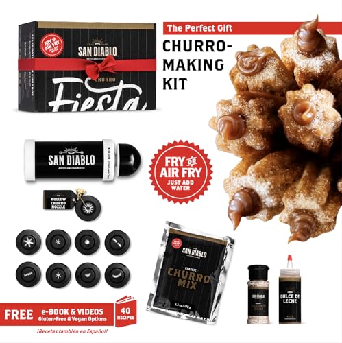 Air Fry Or Fry Churros With The Ultimate Churro-Making Kit And Perfect Gift — Everything You Need To Make Churros: Gourmet Kitchen Gadget Churro Maker Diy Press, Just-Add-Water Dry Churro Mix Dough Packet, Filling Bottle Of Dulce De Leche, Cinnamon Sugar, Fiesta Ideas + Free E-Book W/ 40 Recipes And Videos With Gluten-Free And Vegan Options. Recetas En Español También!