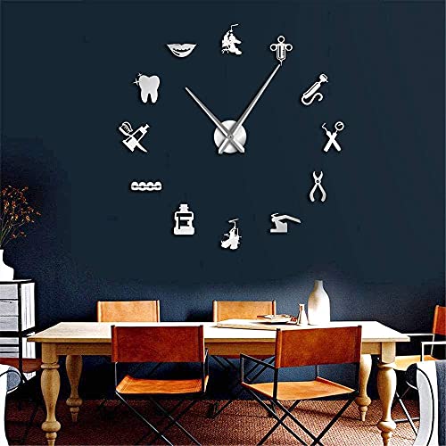 Dental Hospital Silent Wall Clock Dentist Frameless Diy Acrylic Mirror Wall Watch Tooth Modern Design Oversized Time Wall Clock (Silver) #TOP5