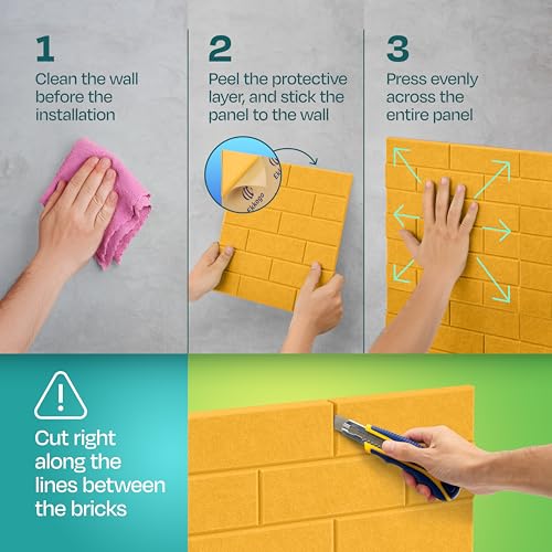 Image of Acoustic Wall Panels 18-Pack, 12 inchx12 inchx0.4 inch Decorative Self-Adhesive Sound Proofing | High Density 3D Brick Soundproof Absorbing Tiles for Walls, Home, Office & Studio - Yellow Orange Gold