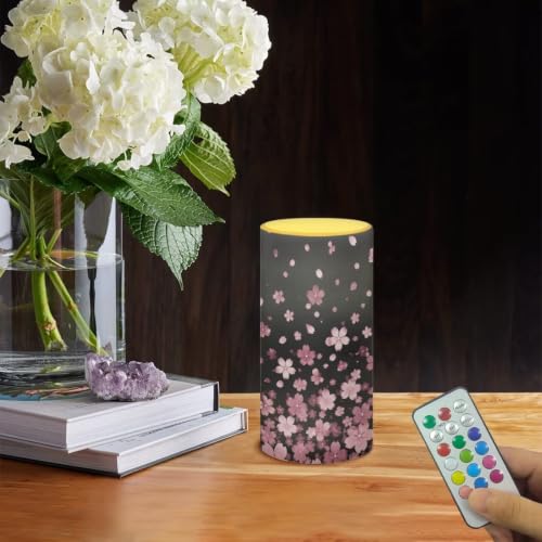Image of Poceacles Flickering Flameless LED Battery Candles Pillar Candles Tealight with 18-Key Timer Remote with Colorful Light for Indoor Outdoor Home Decor, Cherry Blossom Pink Black