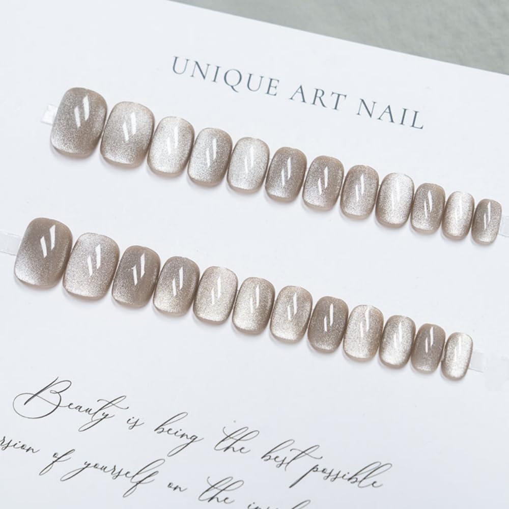 JUSTOTRY 24 Pcs Cat Eye False Nails Short Pattern,White and Silvery Glitter Square Press on Nails,Glossy Fake Nails Medium for Nail Art,French Squoval Cateye Stick on Nail for Women Gifts - Image 4