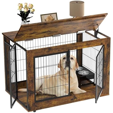 EasyCom Large Dog Crate Furniture, 41.33" Extra Large Dog Kennel Indoor with Top-Access Teasing/Feeding Door, Spacious Dog Crates for Large Dogs, Furniture-Style Dog Cage with Wheels Dog Crate Table Cover