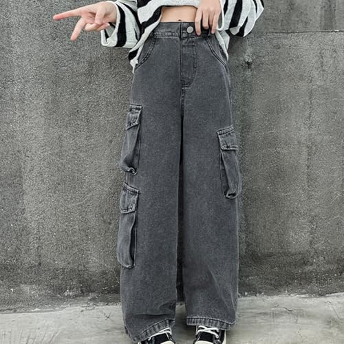 Kids Baggy Straight Leg Jeans 𝐘2K Elaist High Waist Denim Pants Girls 𝗩intage Wide Leg Loosee Trouses with Pockets3