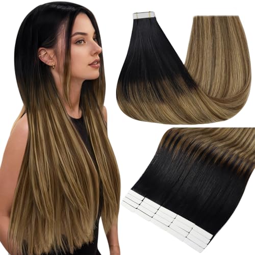 Image of Full Shine Hair Extensions Tape in, Off Black Honey Blonde Ombre 20 Inch | 50g 20PCS, Double Sided Tape in Extensions, Invisible Seamless Skin Weft Add Length for Soft Balayage Volume Styling
