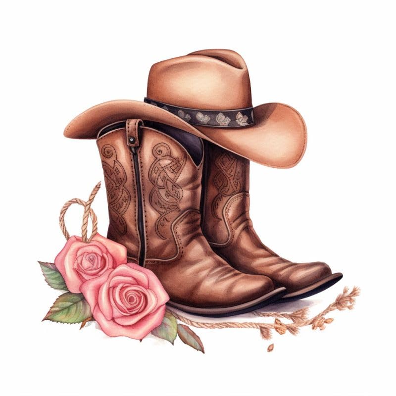 Image of Generic Cowboy Hat & Boots Cross Stitch Kits for Beginners Stamped Cross-Stitch Supplies Needlework DIY 11CT 3 Strands Cotton Thread Printed DIY Needlepoint Kits 50x50cm (uo79), YYP EMB 37XUO79