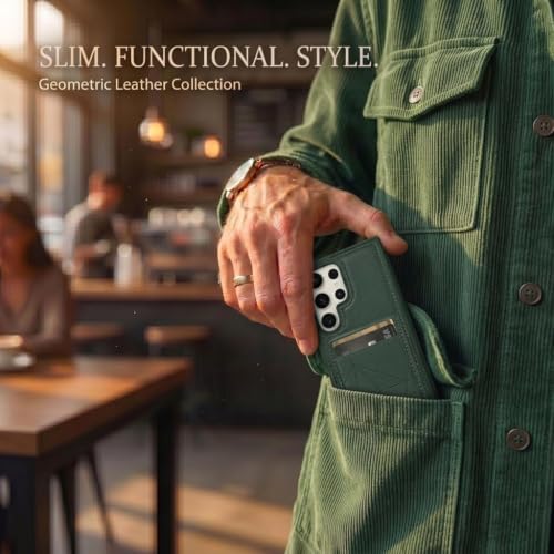 Image of amazon basics Premium Vegan Leather Back Cover with Card Holder and Integrated Mobile Stand for Samsung Galaxy S23 Ultra 5G - Slim Shockproof Wallet Case with Geometric Stitching [Green]