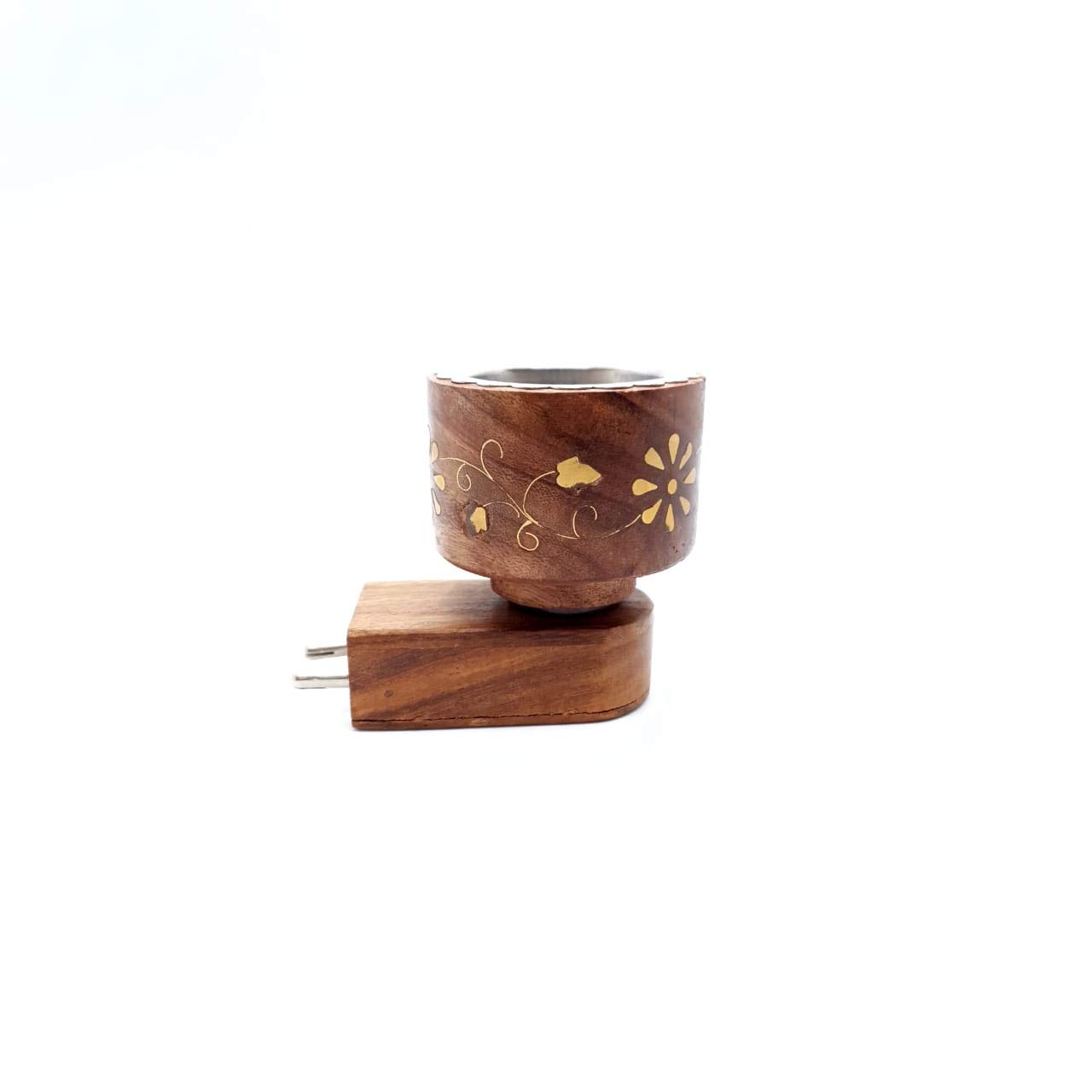 MDTL Mayukh Electric Wooden Plug Sesham Carving Brass Inlay Work Aroma Oil Diffuser for Fragrance Direct Plug-in Incense Burner/Kapoor Dani, Sturdy Plug for Better Support (Brown, Gold)