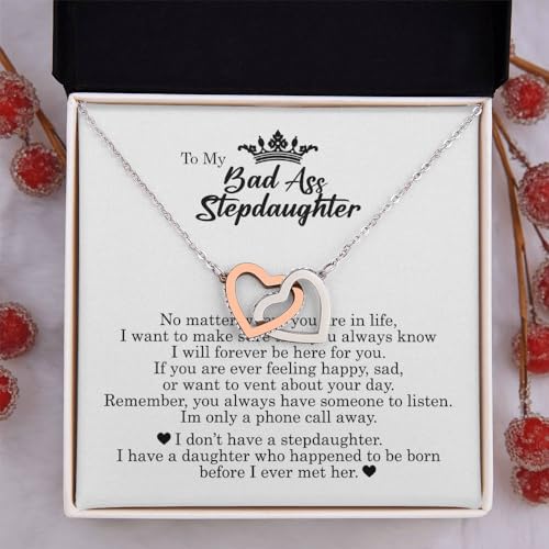To My Badass Stepdaughter, Interlocking Hearts Necklace, Stepdaughter Birthday & Idea, Unique Jewelry Card with Gift Box4