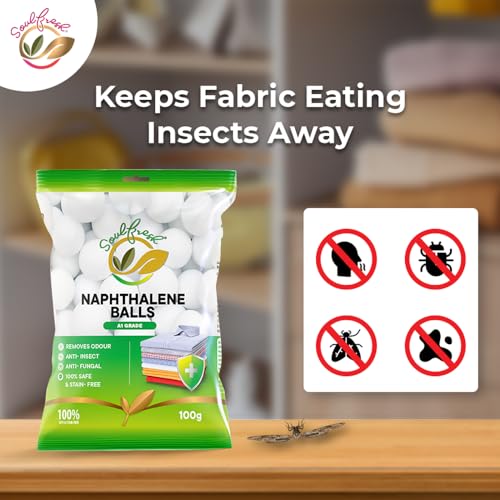 Image of SOULFRESH Naphthalene Balls White Kapoor Goli Stain-Free Insect Repellant Mothballs Sanitary Cubes for Commercial Use Cloth Wardrobe, Almirah, Bookshelves, & Drawers- 100g Pack of 10 (Total 1000gm)