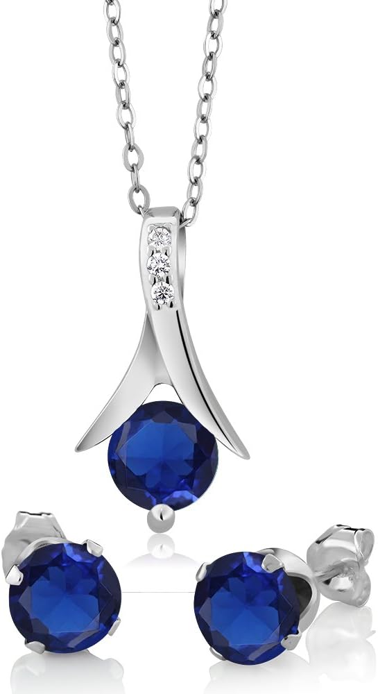 Gem Stone King 925 Sterling Silver Simulated Sapphire Pendant Necklace and Earrings Jewelry Set For Women (2.40 Cttw, Round with 18 Inch Silver Chain)