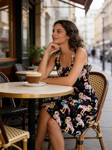 Image of uideazone Women Funny Print Sleeveless U Neck A Line Casual Midi Dress | Soft Stretchy Breathable Fabric Flared Swing Sundress Fitted Waist for Daily Wear 80 /90s Themed Party Beach Vacation Trips
