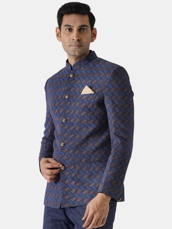 Image of KISAH Men's Sherwani, Indo-Western Blue Cotton Blend, Printed Regular Fit Mandarin Collar Long Sleeves