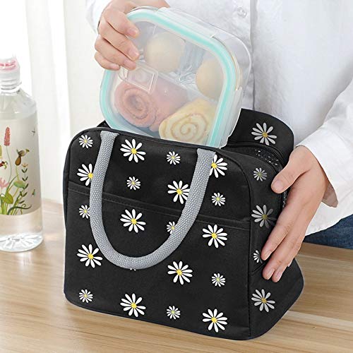 Image of Insulated Lunch Bag, Portable Thermal Lunch Bags Cooler Bag Daisy Pattern Lunch Box Organizer Tote Bag for Women Adults Kids Girls Work School Picnic Camping Travel (Black)